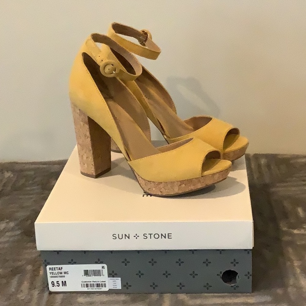 Sun + Stone Yellow Heeled Sandals with Ankle Strap